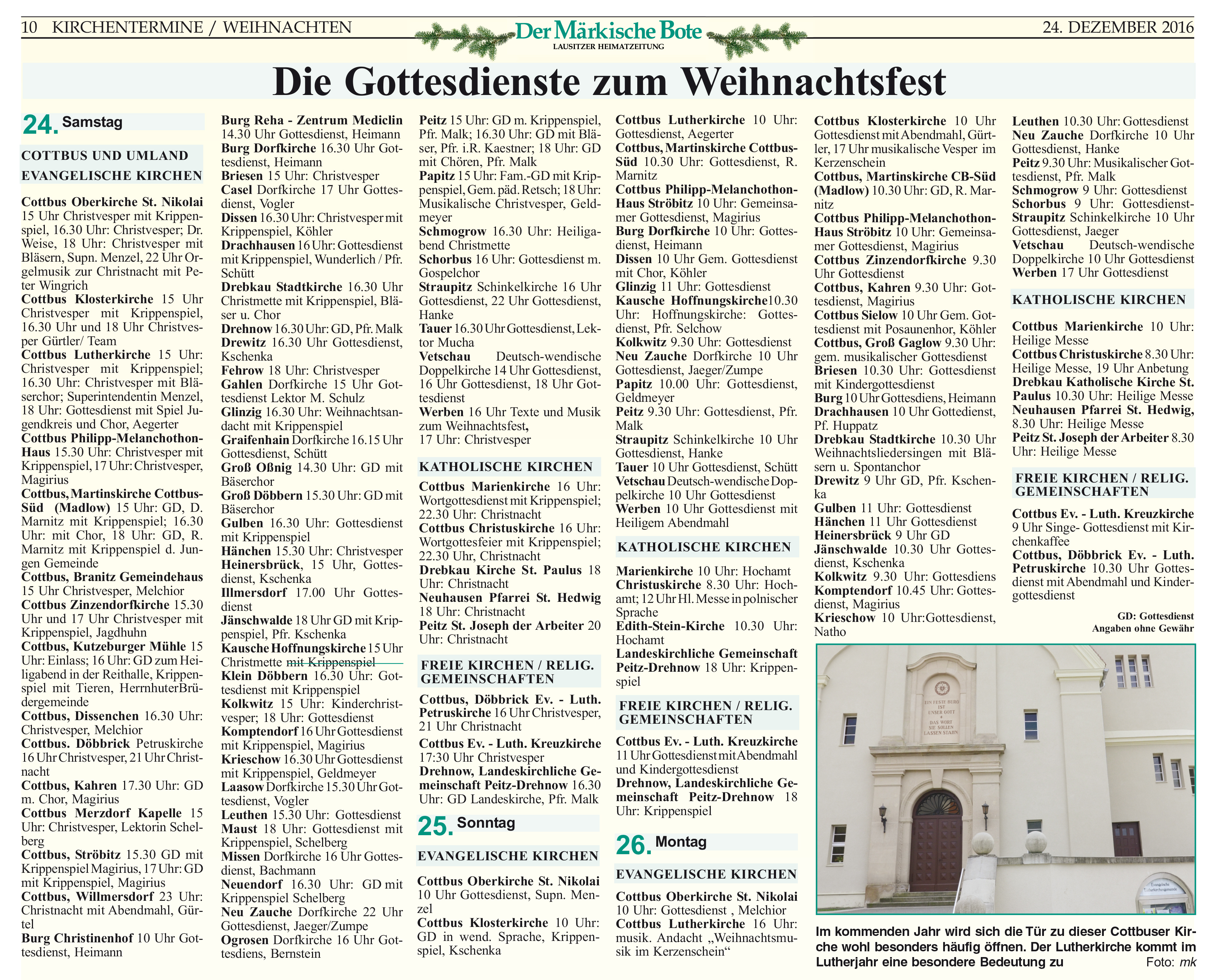 Kirchentermine und Gottesdienste zum Weihnachtsfest