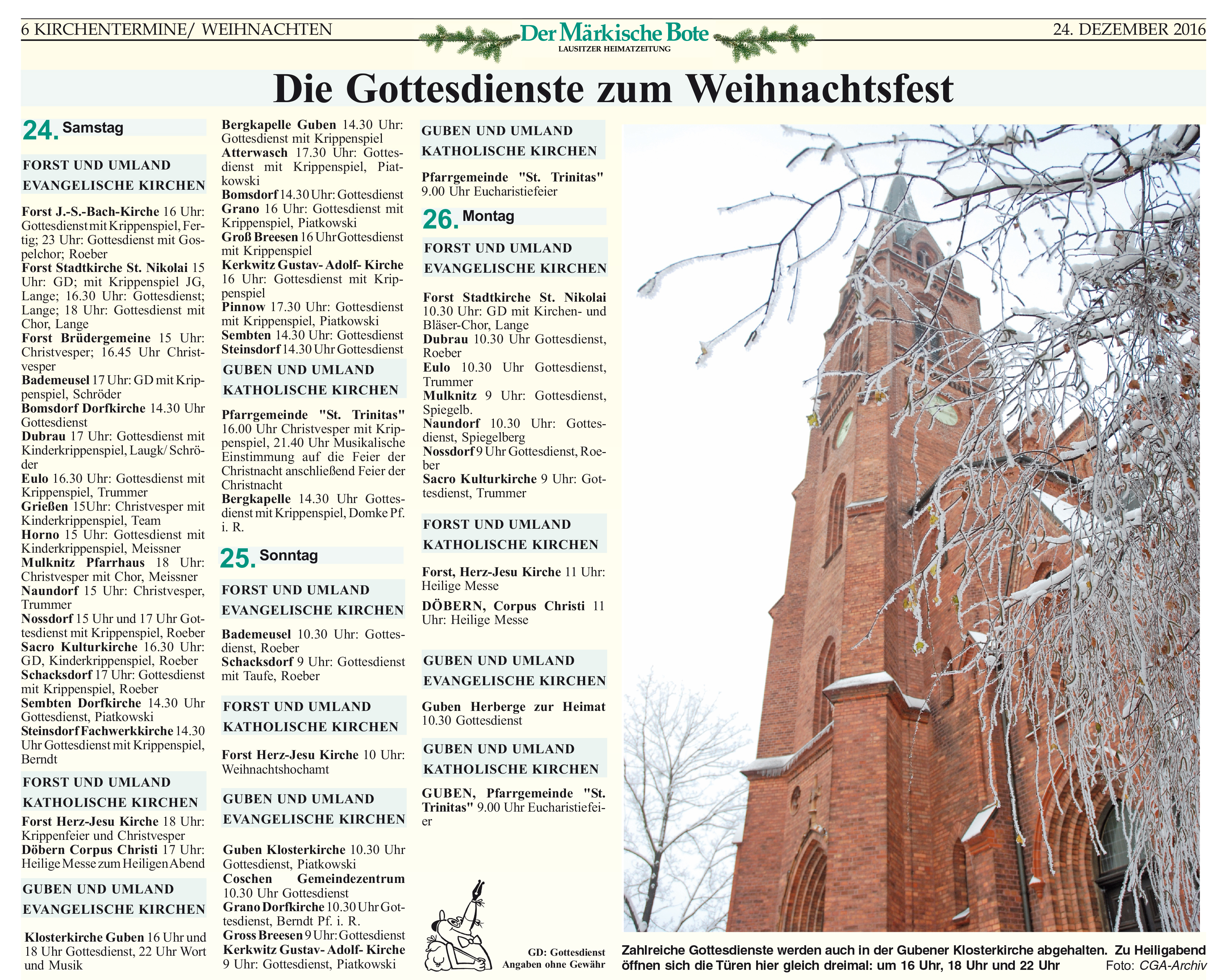 Kirchentermine und Gottesdienste zum Weihnachtsfest in Forst & Guben