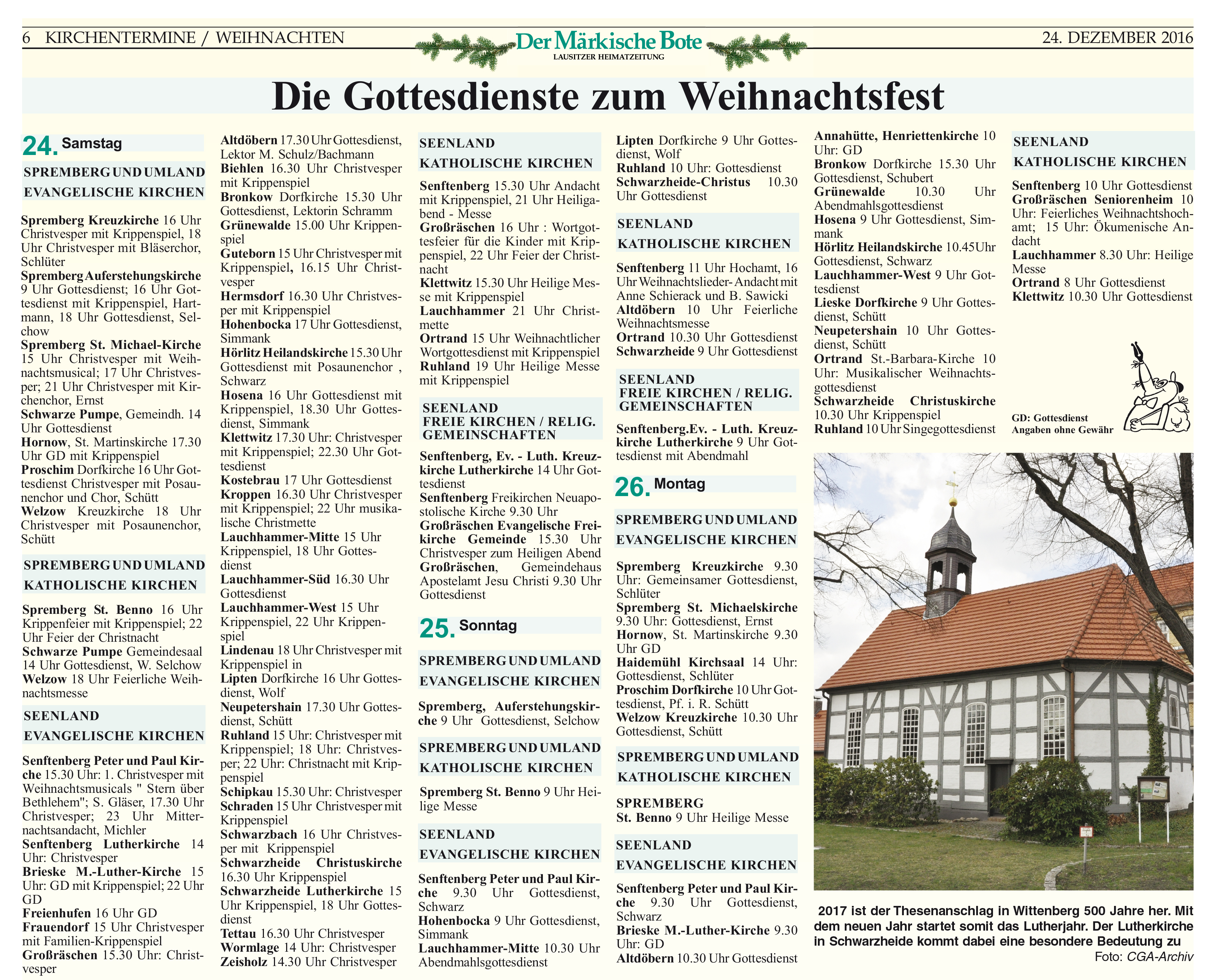 Kirchentermine und Gottesdienste zum Weihnachtsfest in Spremberg & Senftenberg