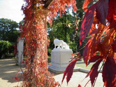 Löwenstatue im Herbst
