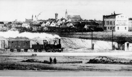 Ausgabe 35 CB 1. Eisenbahn 1866 oestliche Bahnhofsausfahrt zw. heutig. Bhf Thiem u Dresdener Str Lithograph. v. Robert Geissler