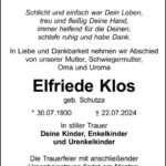 Traueranzeige Elfriede Klos geb. Schutza