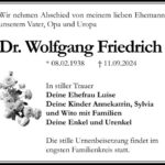 Traueranzeige Dr. Wolfgang Friedrich
