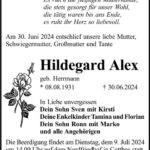 Traueranzeige Hildegard Alex geb. Herrmann