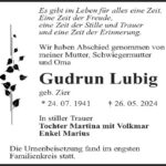 Traueranzeige Gudrun Lubig geb. Zier