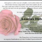 Traueranzeige Annelies Hübner