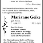 Traueranzeige Marianne Geike