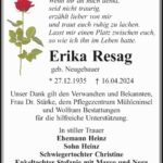Danksagung Erika Resag geb. Neugebauer