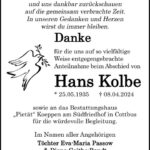 Danksagung Hans Kolbe