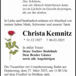 Traueranzeige Christa Kemnitz