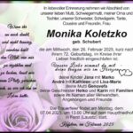 Traueranzeige Monika Koletzko, geb. Schubert