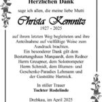 Danksagung Christa Kemnitz
