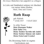Traueranzeige Ruth Raap, geb. Kalisch