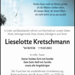 Traueranzeige Lieselotte Kretschmann