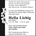 Traueranzeige Hella Liebig, geb. Köhler