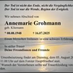 Traueranzeige Annemarie Grohmann, geb. Kliemann