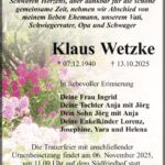 Traueranzeige Klaus Wetzke