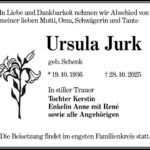 Traueranzeige Ursula Jurk, geb. Schenk