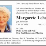 Traueranzeige Margarete Lehser, geb. Hentschel