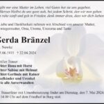 Traueranzeige Gerda Bränzel, geb. Nowke