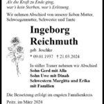 Traueranzeige Ingeborg Reichmuth, geb. Jeschke