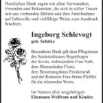 Danksagung Ingeborg Schlevogt, geb. Schitke