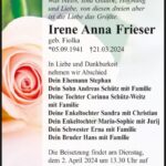 Traueranzeige Irene Anna Frieser, geb. Fiolka