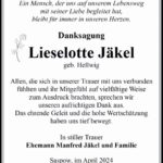 Traueranzeige Lieselotte Jäkel, geb. Hellwig