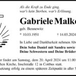 Traueranzeige Gabriele Malkowski, geb. Bennewitz