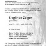 Traueranzeige Sieglinde Zeiger, geb. Dahlitz