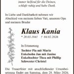 Traueranzeige Klaus Kania