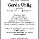 Danksagung Gerda Uhlig, geb. Jurke
