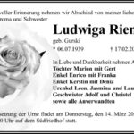 Traueranzeige Ludwiga Riemer, geb. Gurski
