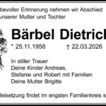 Traueranzeige Bärbel Dietrich