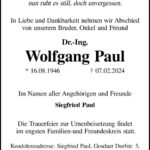 Traueranzeige Dr.-Ing. Wolfgang Paul