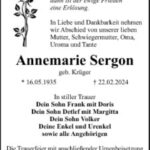 Traueranzeige Annemarie Sergon, geb. Krüger