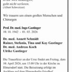 Traueranzeige Prof. Dr. med. Ingo Gastinger