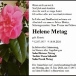Traueranzeige Helene Metag, geb. Krautz