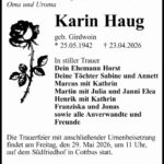 Traueranzeige Karin Haug, geb. Girdwoin