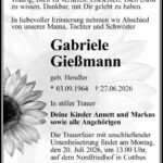 Traueranzeige Gabriele Gießmann, geb. Hendler