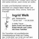 Traueranzeige Ingrid Welk, geb. Rademacher