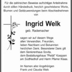 Danksagung Ingrid Welk, geb. Rademacher