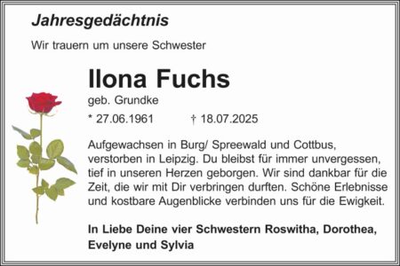 Jahresgedenken Ilona Fuchs, geb. Fuchs