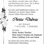 Traueranzeige Christa Durbau, geb. Koinzack