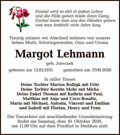 Traueranzeige Margot Lehmann, geb. Jureczek