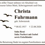 Traueranzeige Christa Fuhrmann, geb Schwierzok