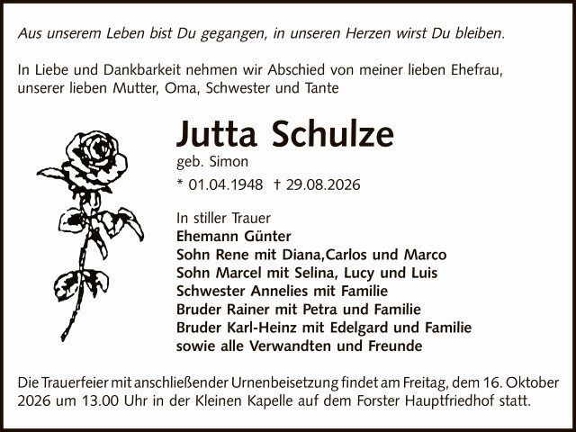 Traueranzeige Jutta Schulze