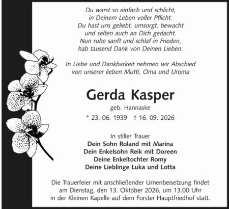 Traueranzeige Gerda Kasper