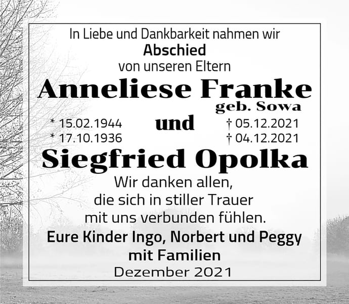 Danksagung Anneliese Franke, geb. Sowa und Siegfried Opolka