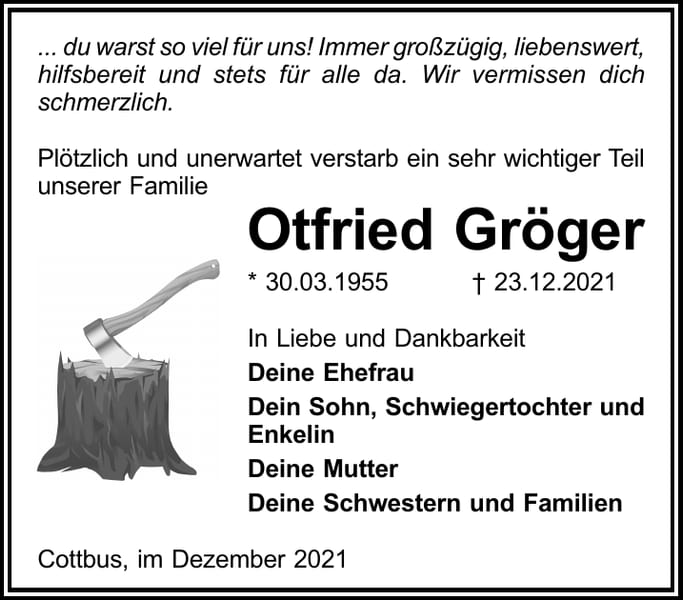 Traueranzeige Otfried Gröger